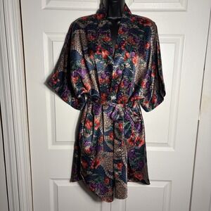 Vintage Tesoro Kimono Robe Women L Tan Purple Floral Short Sleeve Belted Short